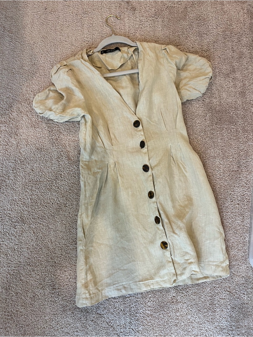 Mini Linen Button-Front Puff Sleeve Dress in Light Beige. NWT
